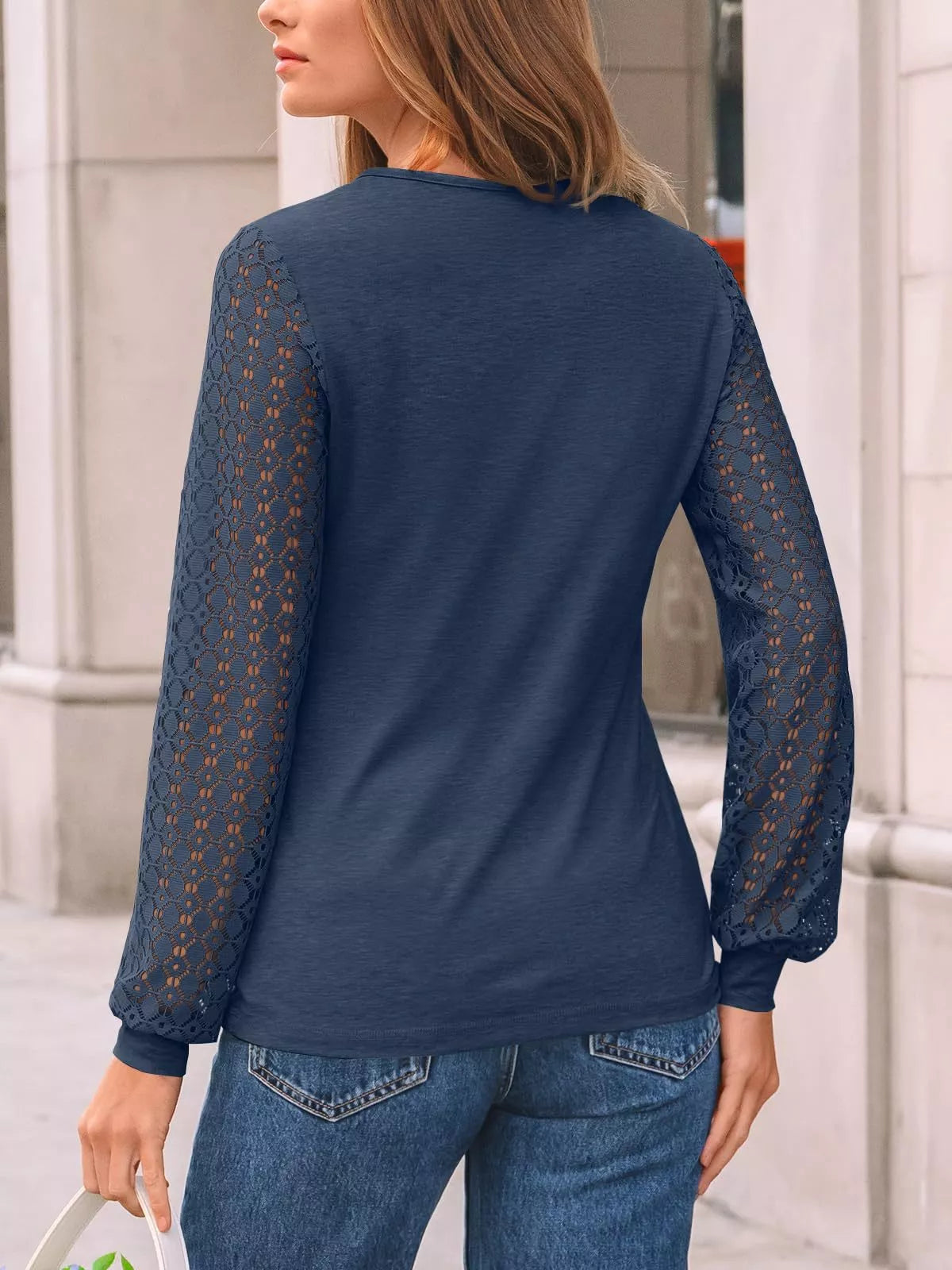 Lace Sleeve Crew Neck T-Shirt OutfitFlow