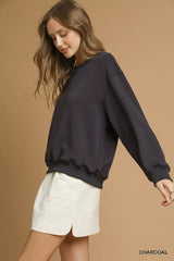 Umgee Round Neck Long Sleeve Fleece Sweatshirt OutfitFlow