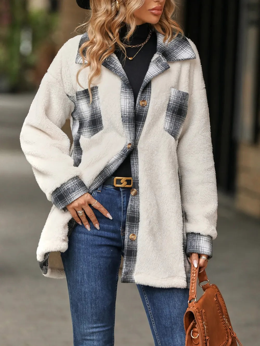 Plaid Contrast Dropped Shoulder Coat White OutfitFlow