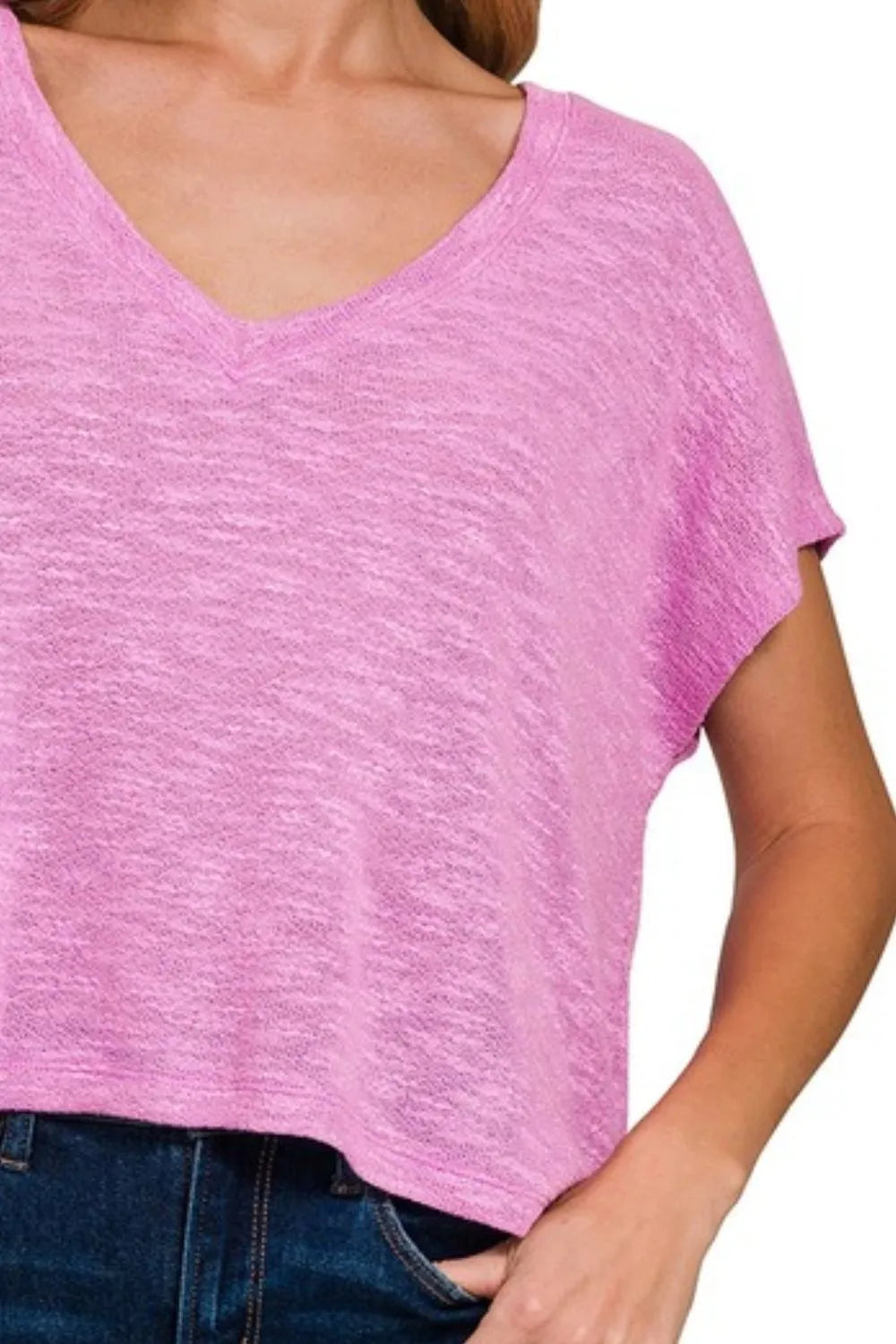 Zenana Hacci Slub V-neck Drop Shoulder Crop Top OutfitFlow