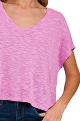 Zenana Hacci Slub V-neck Drop Shoulder Crop Top OutfitFlow
