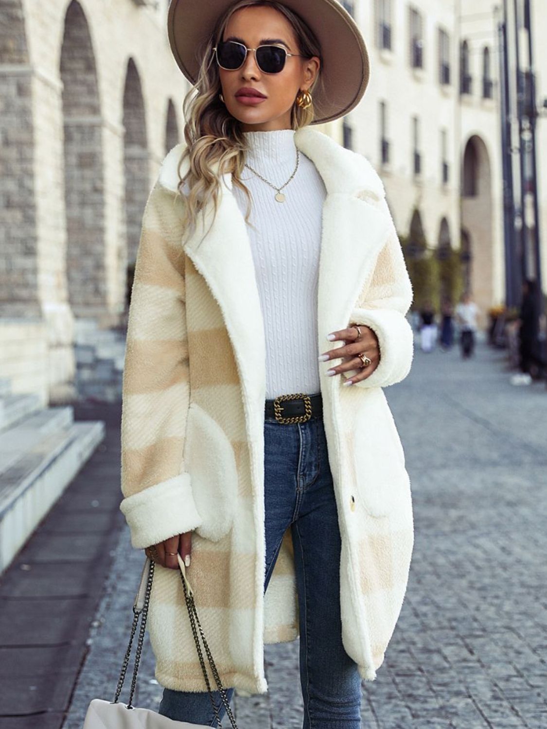 Plaid Button Down Coat with Pockets Beige Trendsi