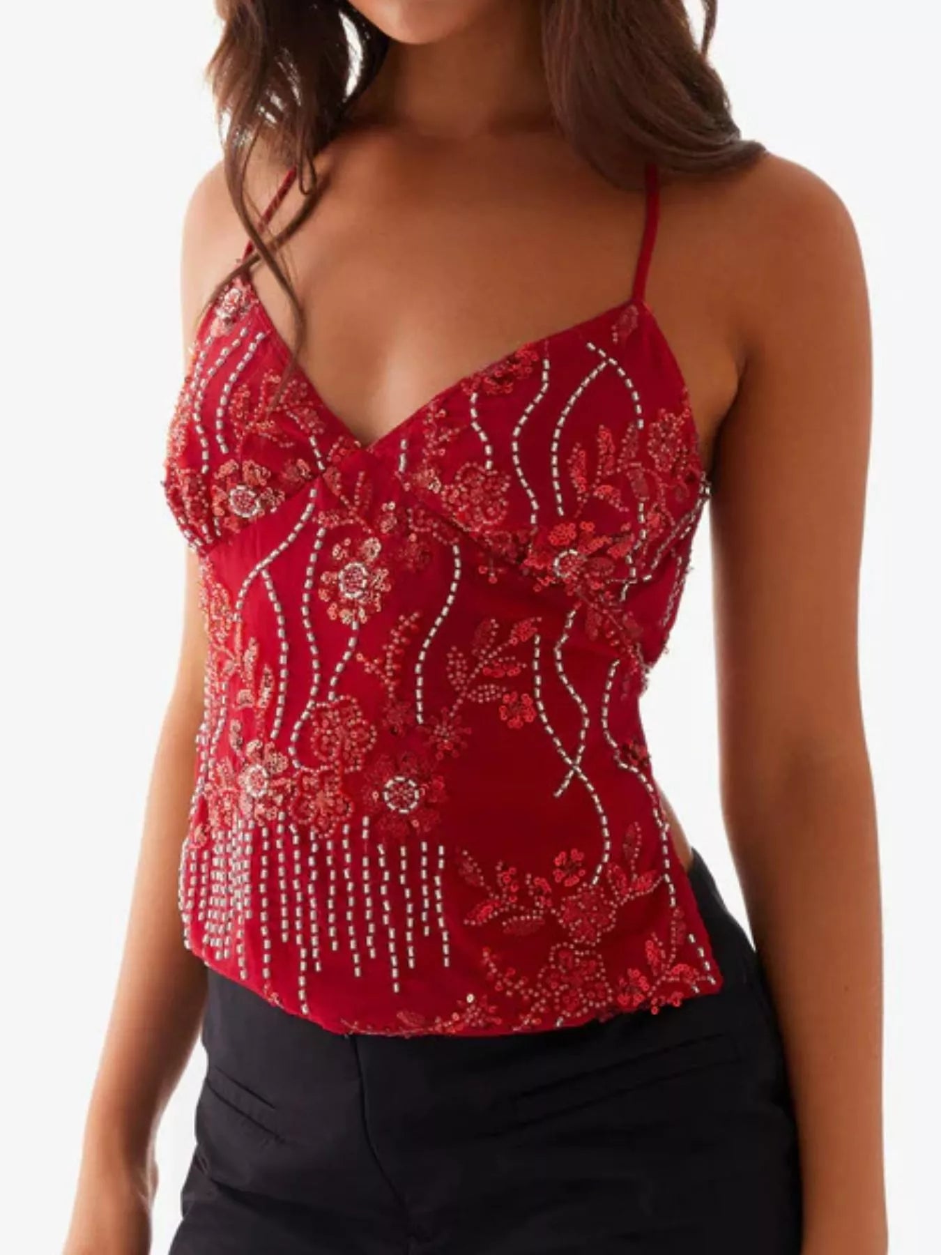 Embroidered Sequin Tie Back Cami OutfitFlow