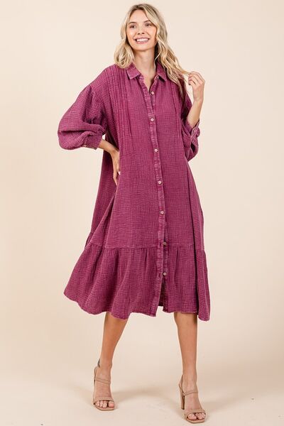 Mittoshop Mineral Wash Cotton Gauze Ruffle Midi Shirt Dress Deep Purple OutfitFlow