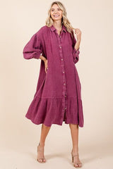 Mittoshop Mineral Wash Cotton Gauze Ruffle Midi Shirt Dress Deep Purple OutfitFlow