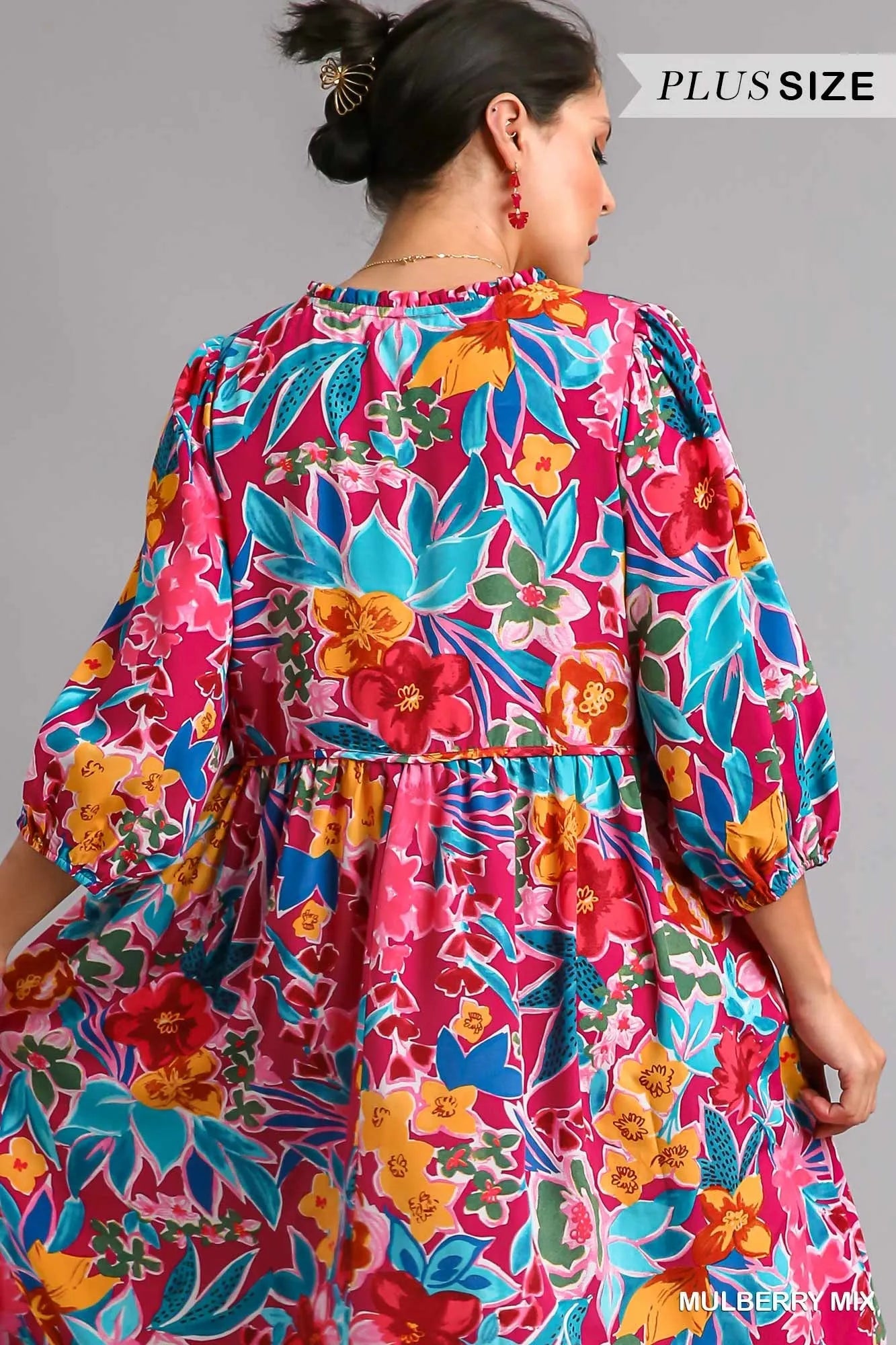 Umgee Full Size Floral Print Tie Neck Midi Dress with Pockets Plus Size Trendsi