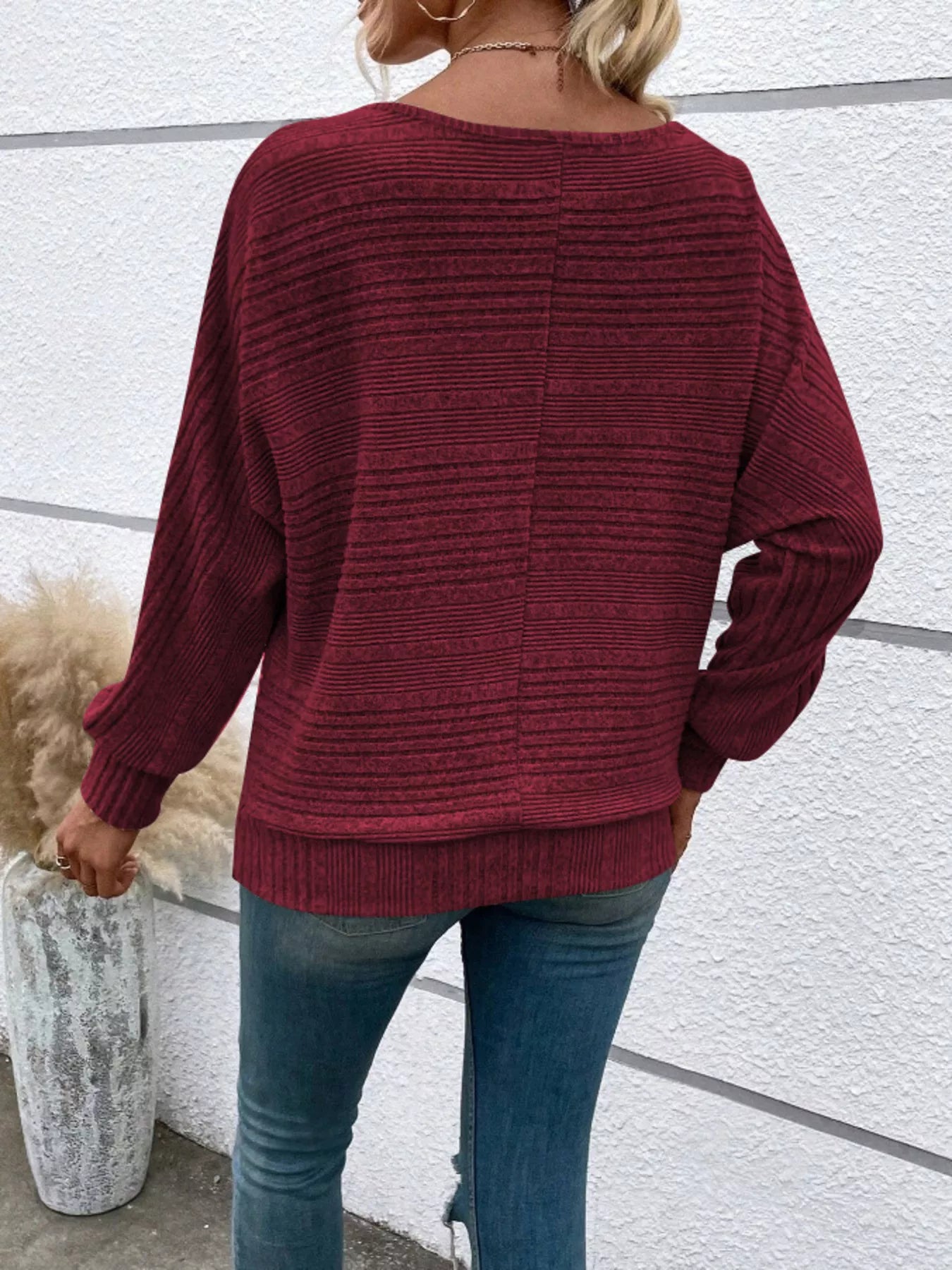 Ribbed Round Neck Long Sleeve Top OutfitFlow