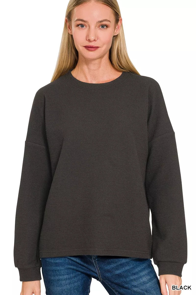 Zenana Double Knit Round Neck Long Sleeve Top BLACK OutfitFlow