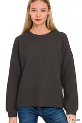 Zenana Double Knit Round Neck Long Sleeve Top BLACK OutfitFlow