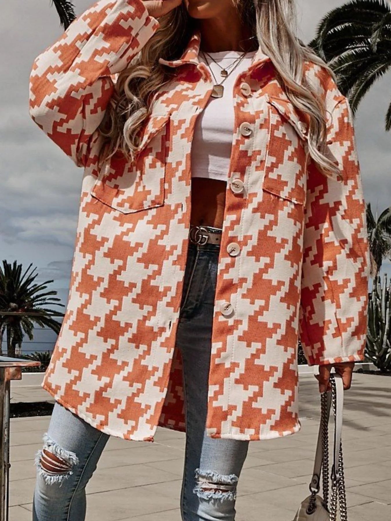Houndstooth Button Up Long Sleeve Outerwear OutfitFlow