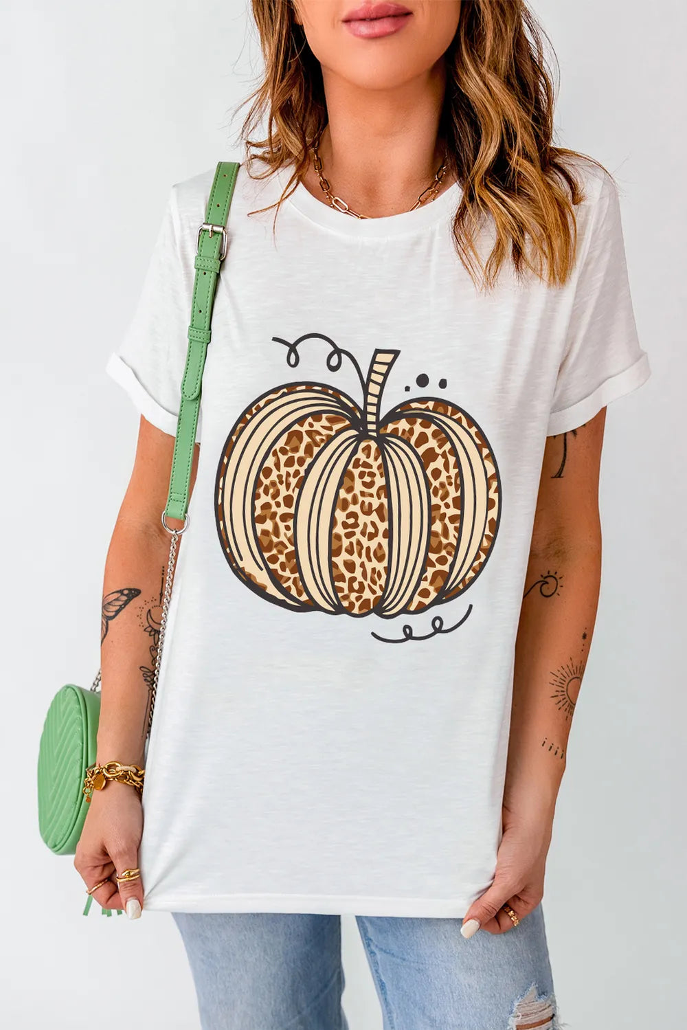 Pumpkin Round Neck Short Sleeve T-Shirt OutfitFlow