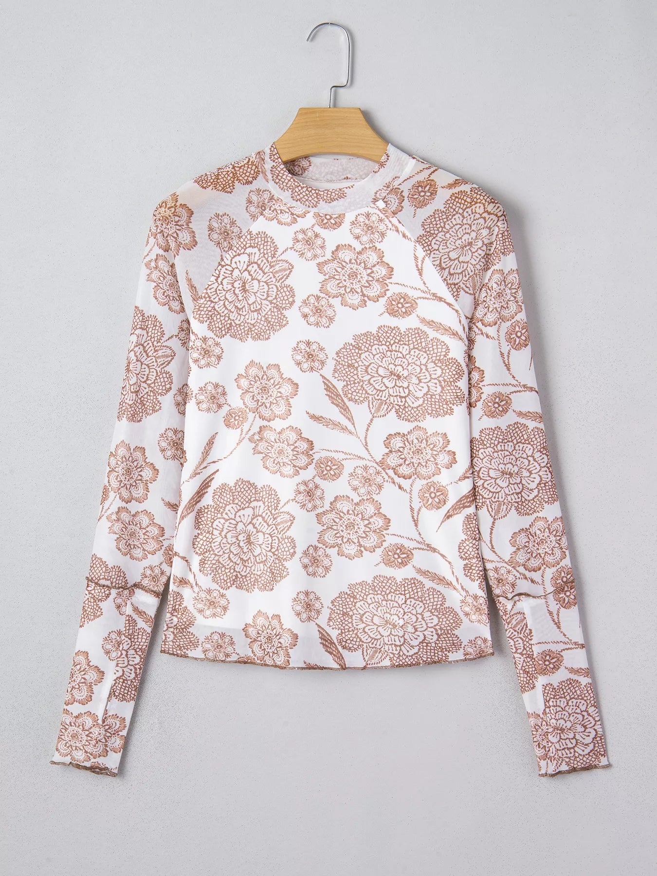 Thumbhole Long Sleeve Floral Print Mesh Top Trendsi