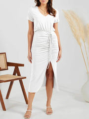 Ruched Slit V-Neck Short Sleeve Dress OutfitFlow