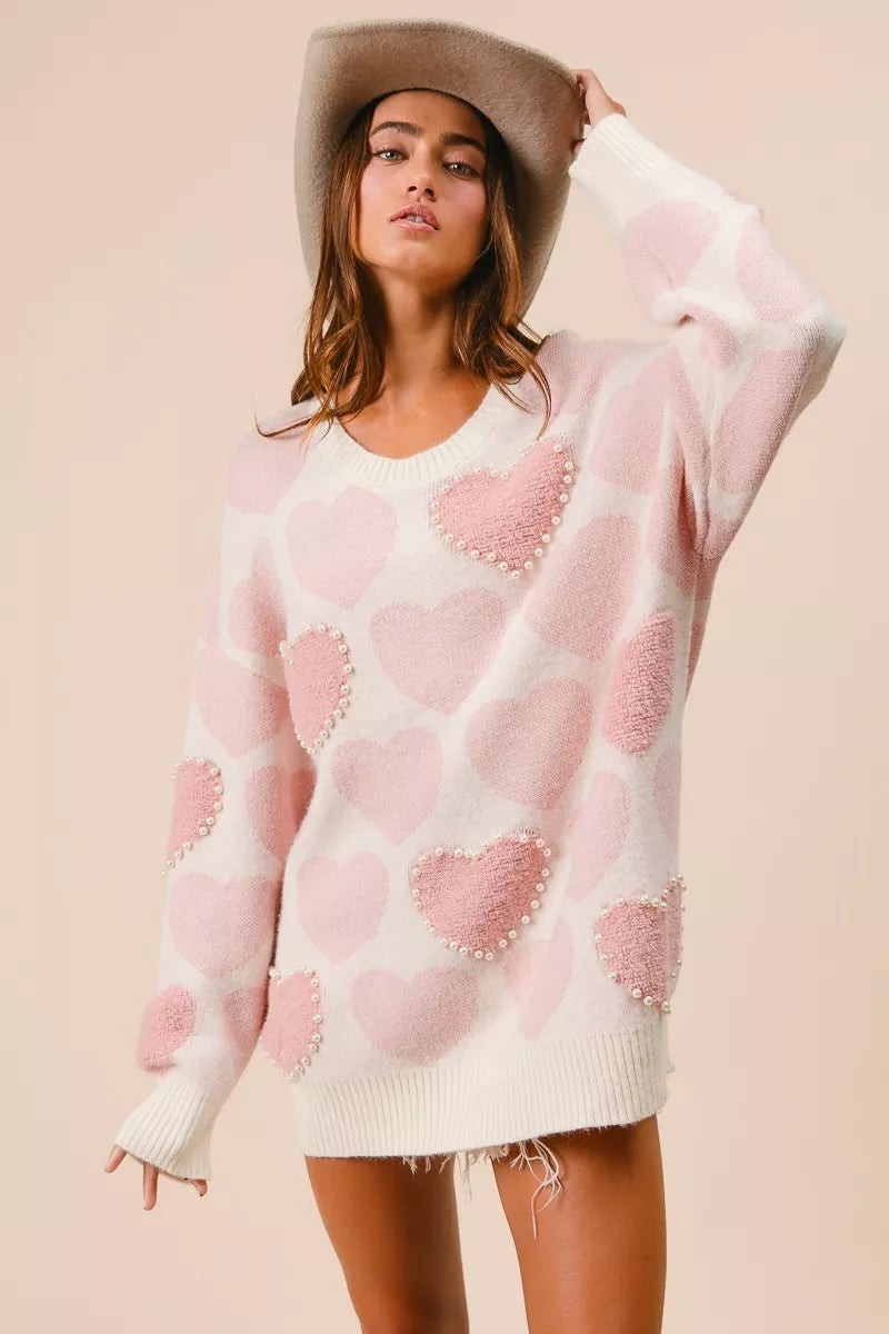 BiBi Heart Pattern Sweater with Pearl Detail OutfitFlow