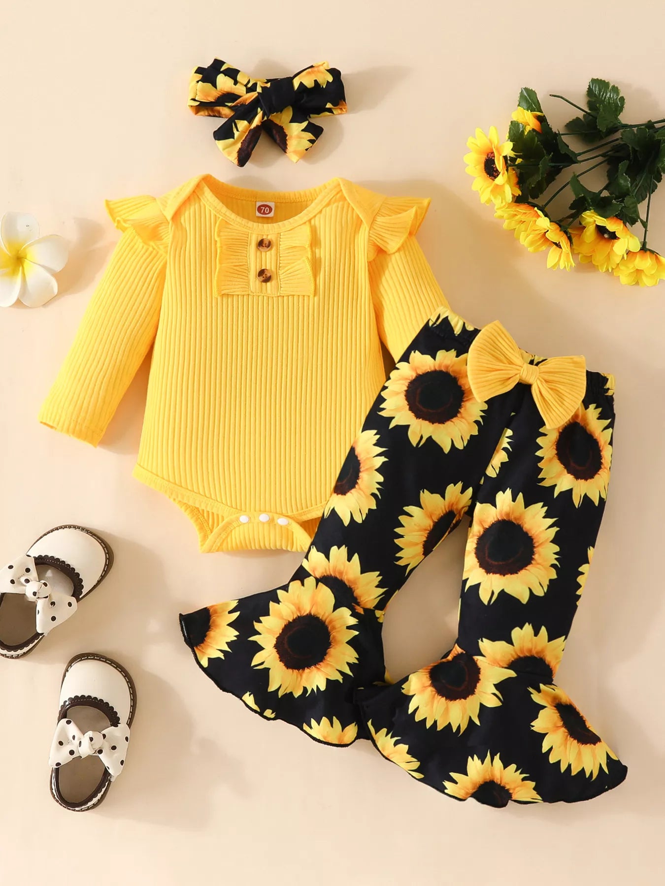 Children's Ruffled Ribbed Top and Sunflower Pants Set Yellow Trendsi