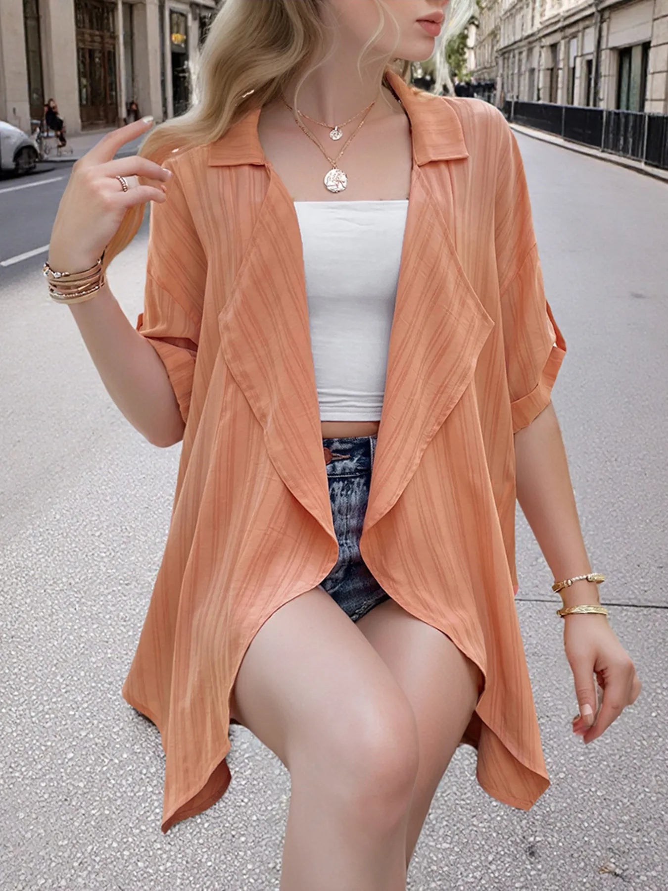 Open Front Half Sleeve Cardigan OutfitFlow