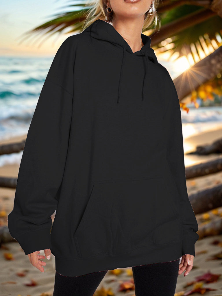 Drawstring Dropped Shoulder Hoodie Black OutfitFlow
