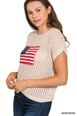 Zenana Viscose American Flag Openwork Knit Top OutfitFlow