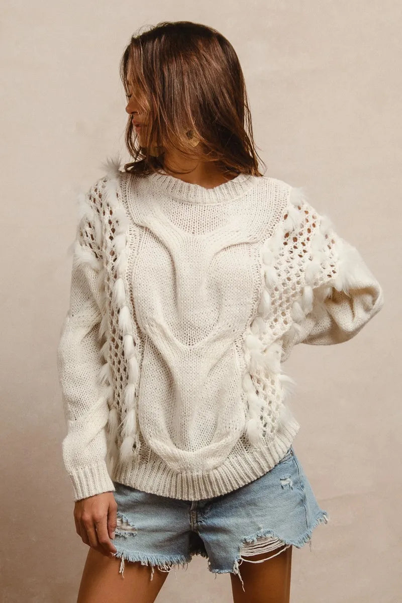 BiBi Faux Fur Detailed Pointelle Cable Knit Sweater OutfitFlow