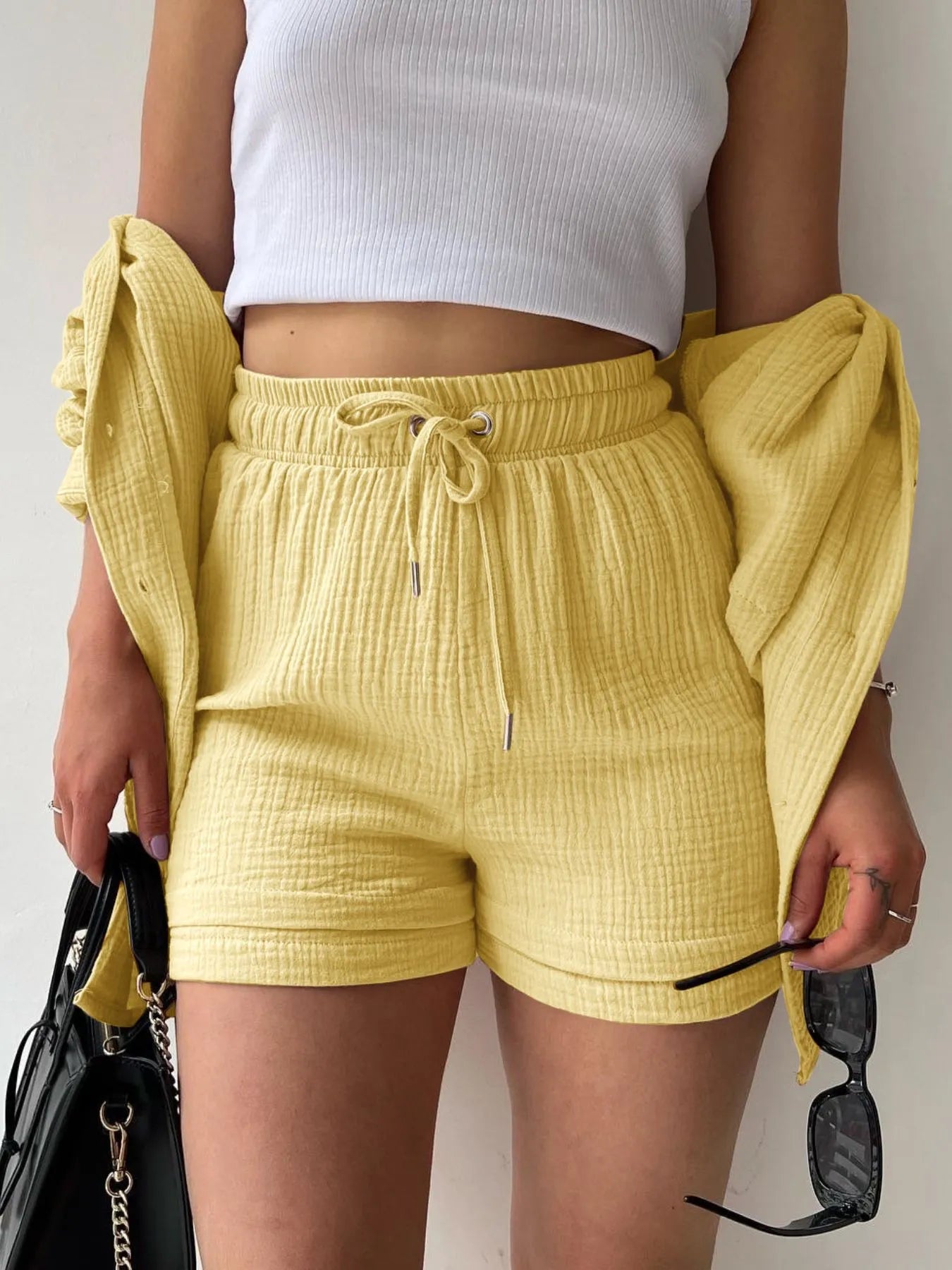Textured Button Up Shirt and Shorts Set OutfitFlow