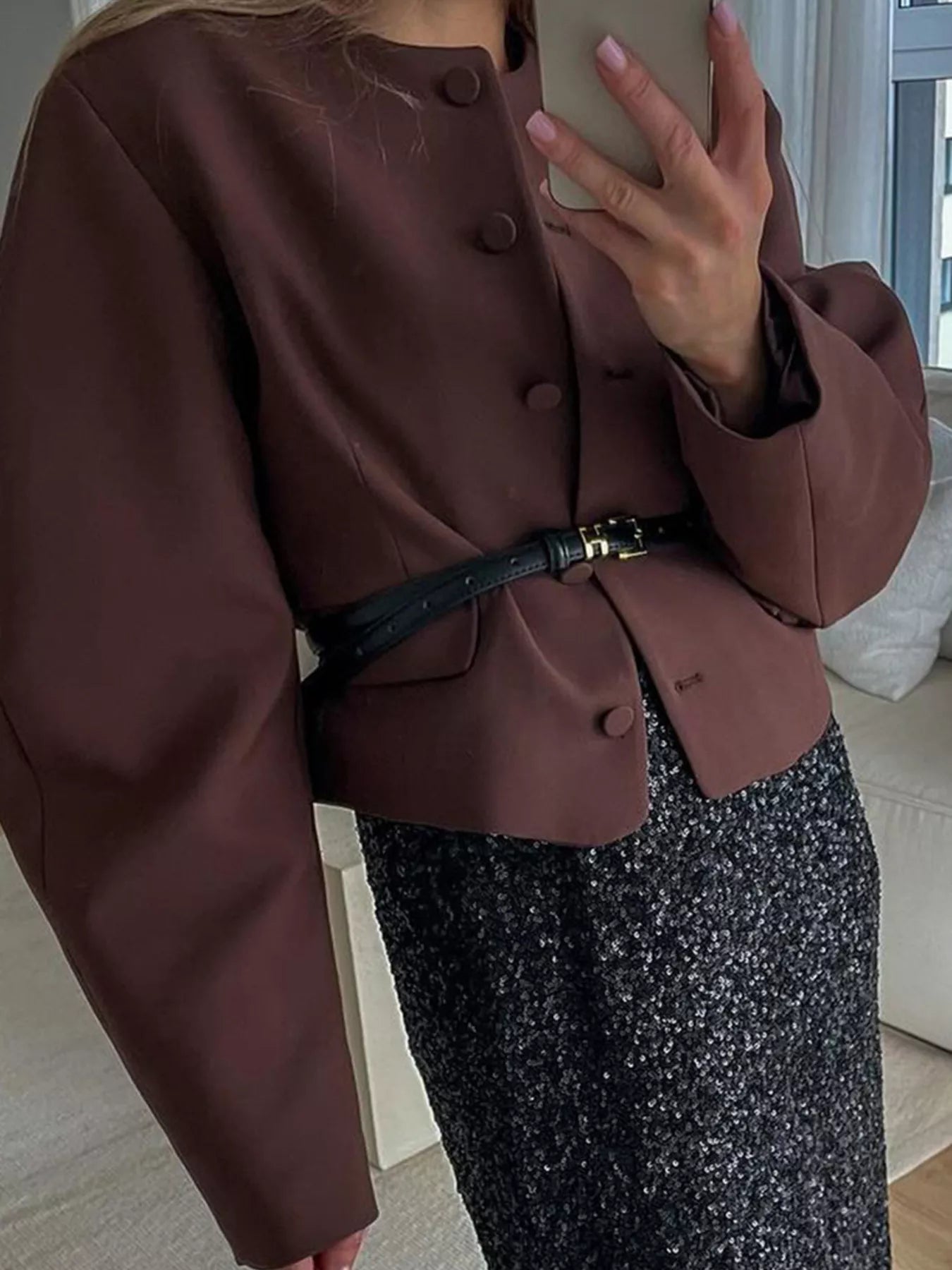 Button Up Long Sleeve Jacket Brown OutfitFlow