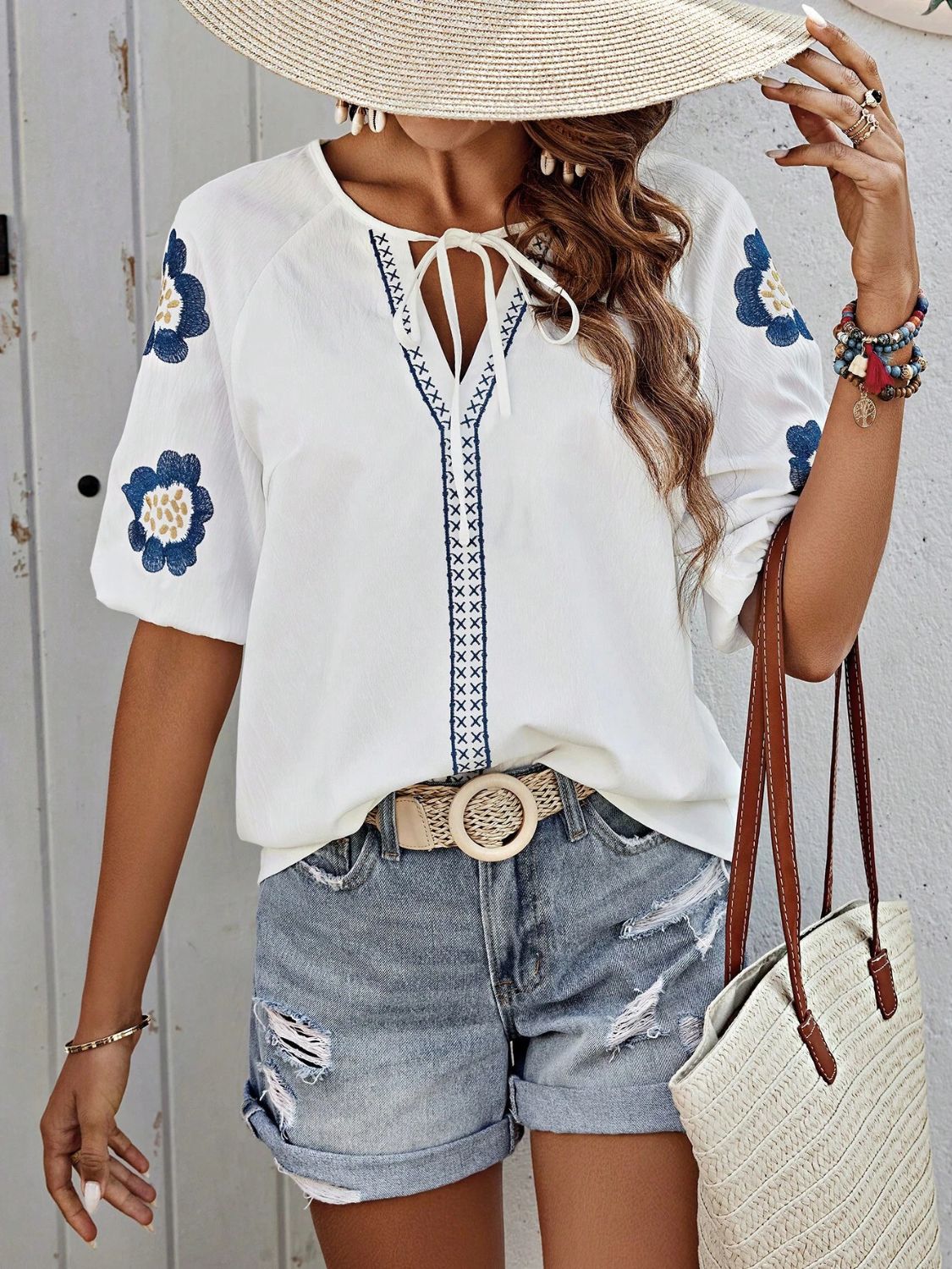 Embroidered Tie Neck Puff Sleeve Blouse OutfitFlow