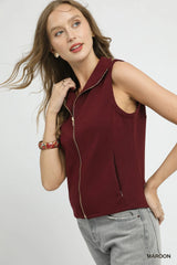 Umgee Zip-Front Fitted Vest with Pockets MAROON Trendsi