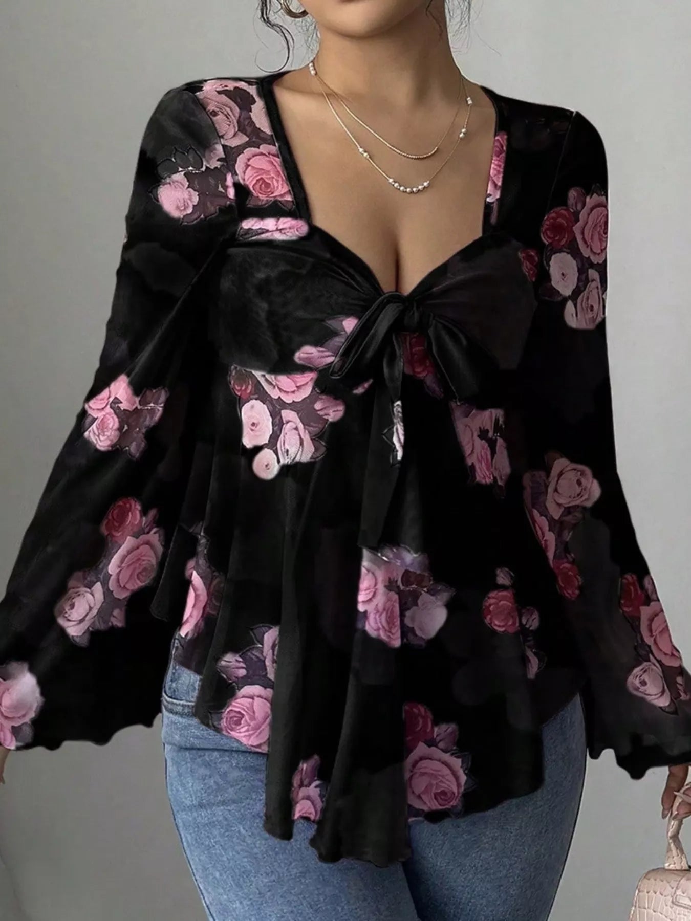 Floral Print Tie Front Flare Sleeve Blouse OutfitFlow