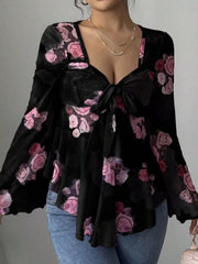 Floral Print Tie Front Flare Sleeve Blouse OutfitFlow