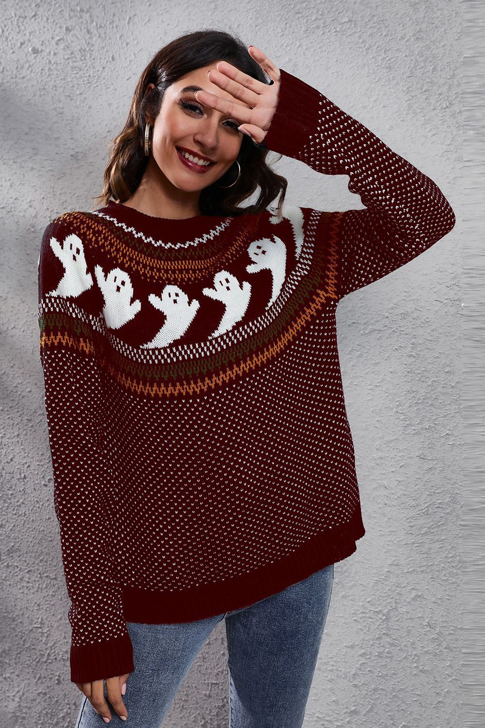 Ghost Pattern Round Neck Long Sleeve Sweater Wine OutfitFlow