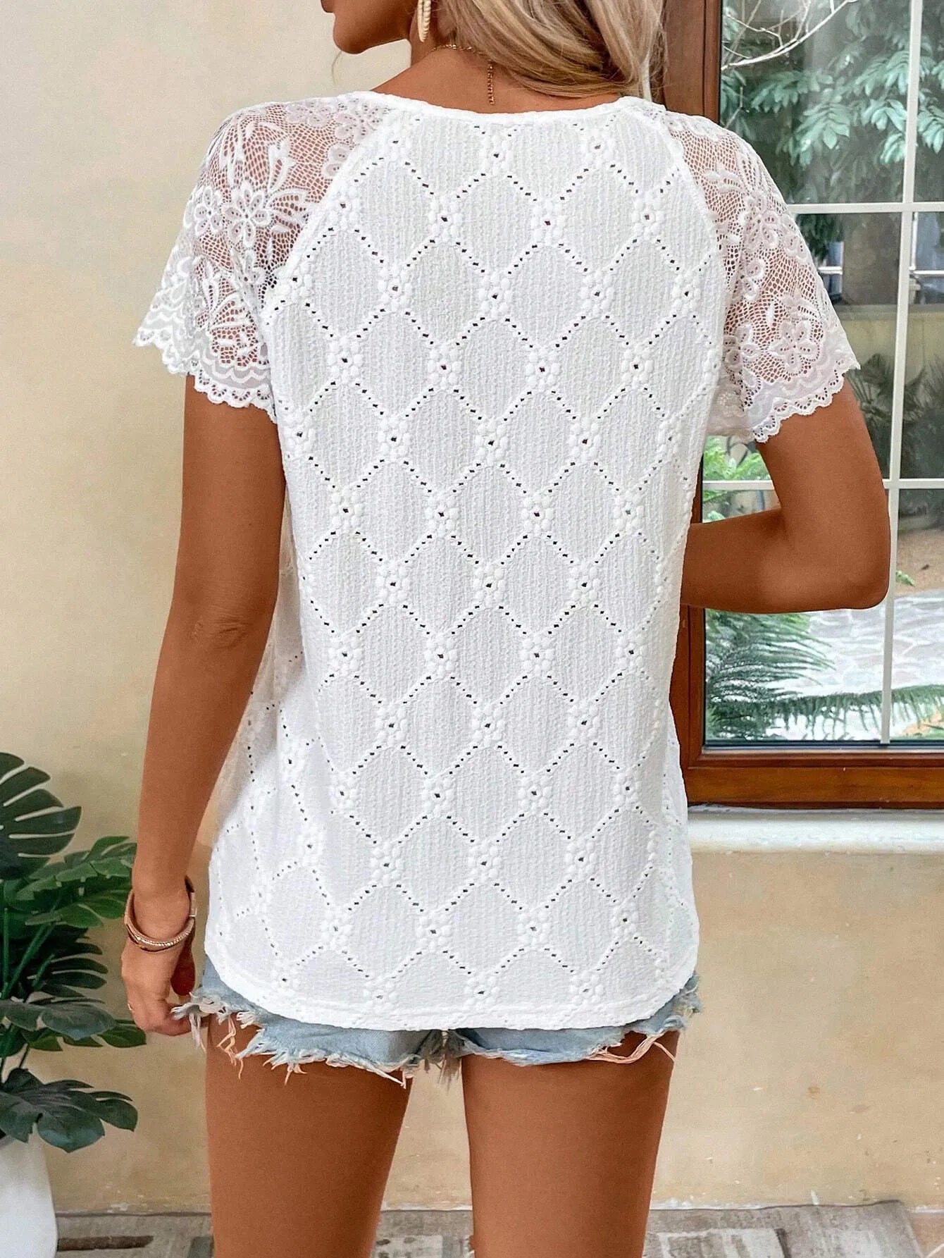 Lace Trim Eyelet Embroidered V-Neck T-shirt OutfitFlow