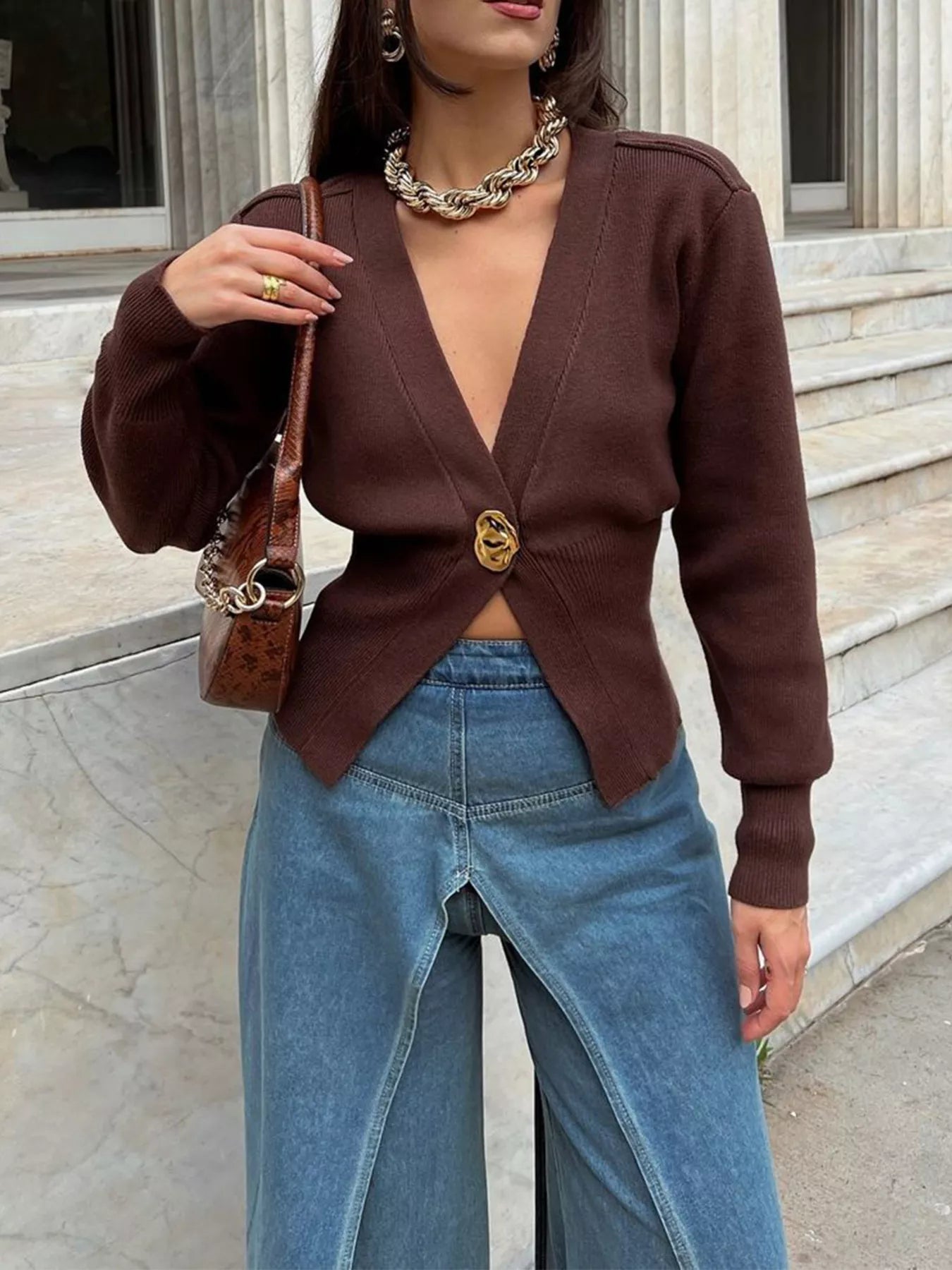 Single-Button Knit Cardigan Brown OutfitFlow