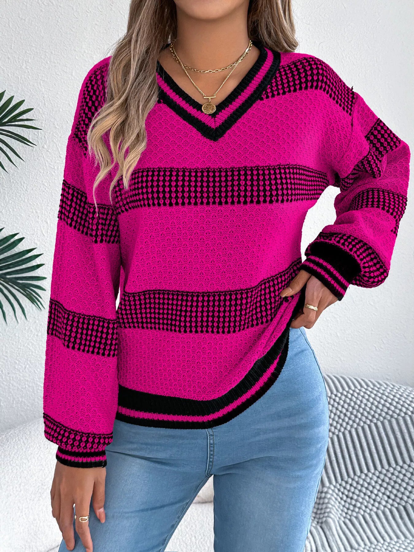 Contrast Striped V-Neck Sweater OutfitFlow