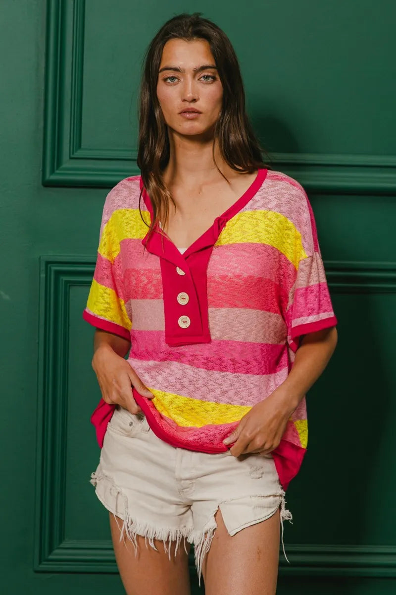 BiBi Multi Color Stripe Hacci Button Detail Ringer Top OutfitFlow