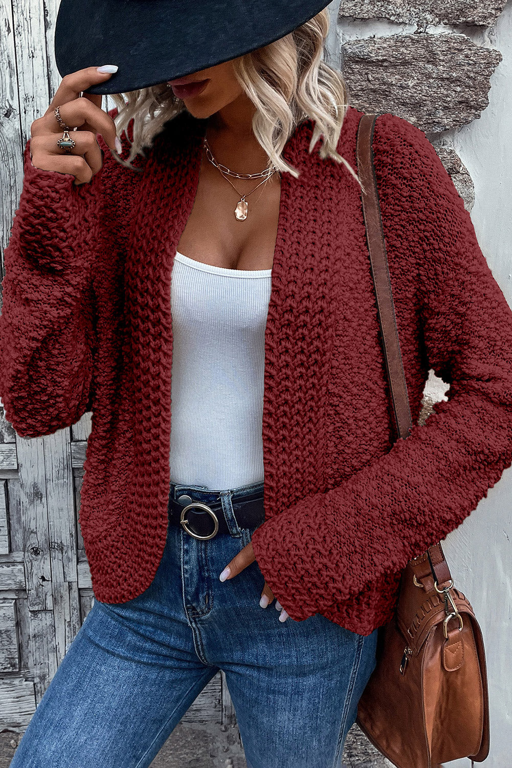 Solid Color Open Front Cardigan Burgundy OutfitFlow
