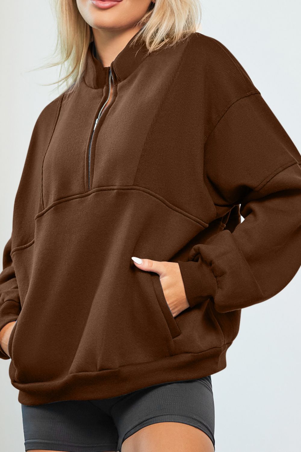 Half Zip Drop Shoulder Long Sleeve Sweatshirt Brown OutfitFlow