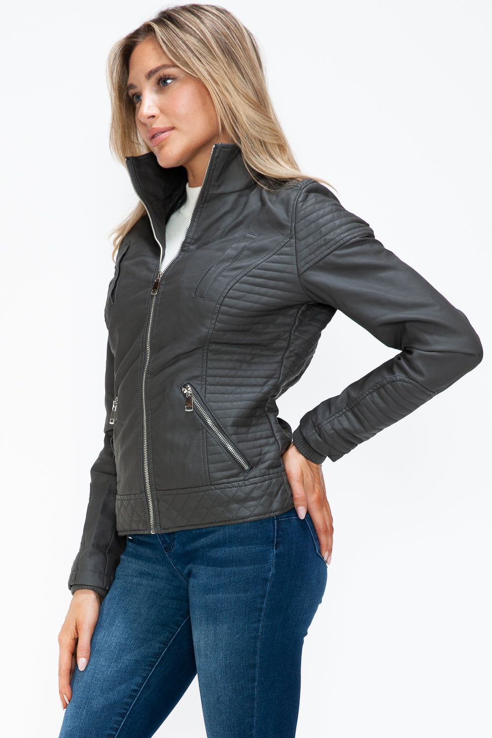 Outfit Flow - YMI Faux Layered Double-Zipper Jacket with Fuzzy Hood