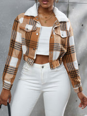 Outfit Flow - Plaid Snap Down Collared Neck Cropped Jacket