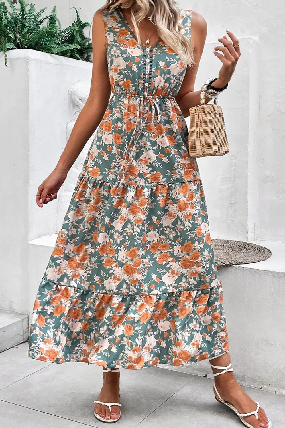 Floral Print Trimmed V Neck Tie Waist Sleeveless Dress OutfitFlow