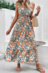 Floral Print Trimmed V Neck Tie Waist Sleeveless Dress OutfitFlow