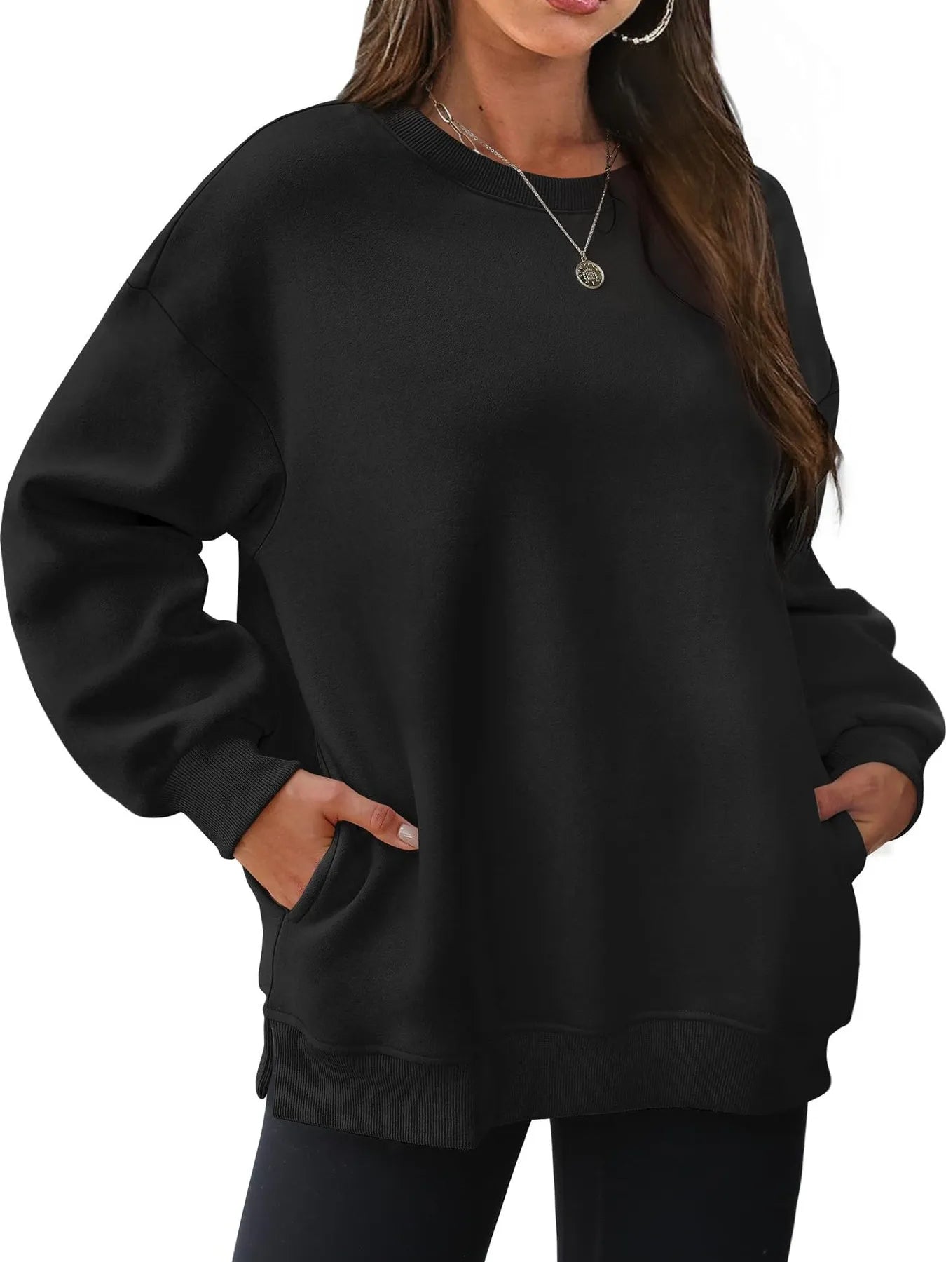 Oversized Long Sleeve Crewneck Sweatshirt Black OutfitFlow