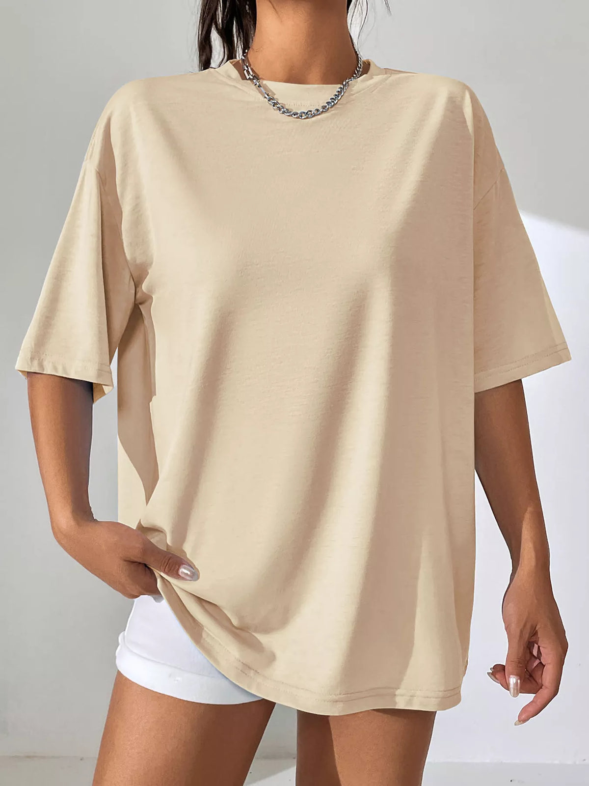 Oversized Solid Color Casual T-Shirt Apricot OutfitFlow