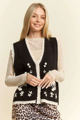 Davi & Dani Floral Embroidered Lace Sweater Knit Vest OutfitFlow