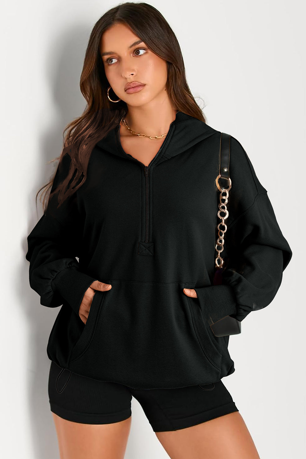 Outfit Flow - Pocketed Half Zip Long Sleeve Hoodie