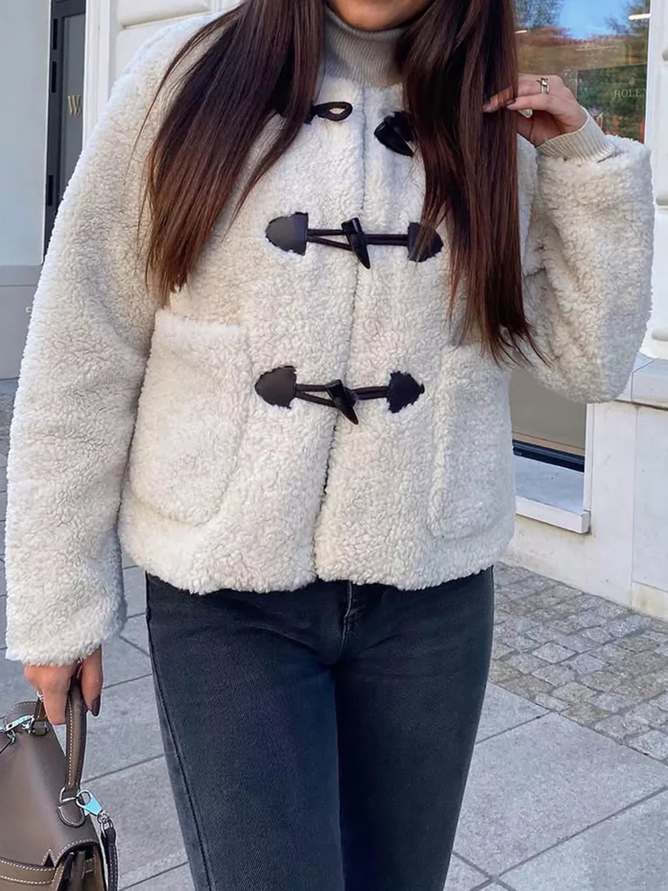 Sherpa Fleece Toggle Button Jacket OutfitFlow