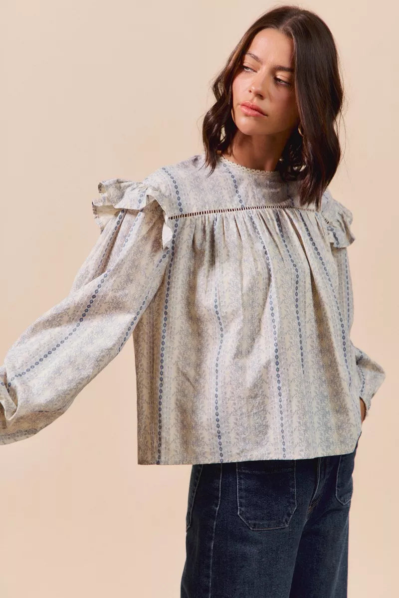 SO ME Floral Cotton Print Ruffled Long Sleeve Blouse OutfitFlow