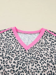 Leopard Print Contrast V Neck Varsity Stripe Detail Long Sleeve Top OutfitFlow