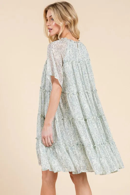 Lime 'N' Chili Ditsy Floral Print Sheer Ruffle Detail Mini Dress OutfitFlow