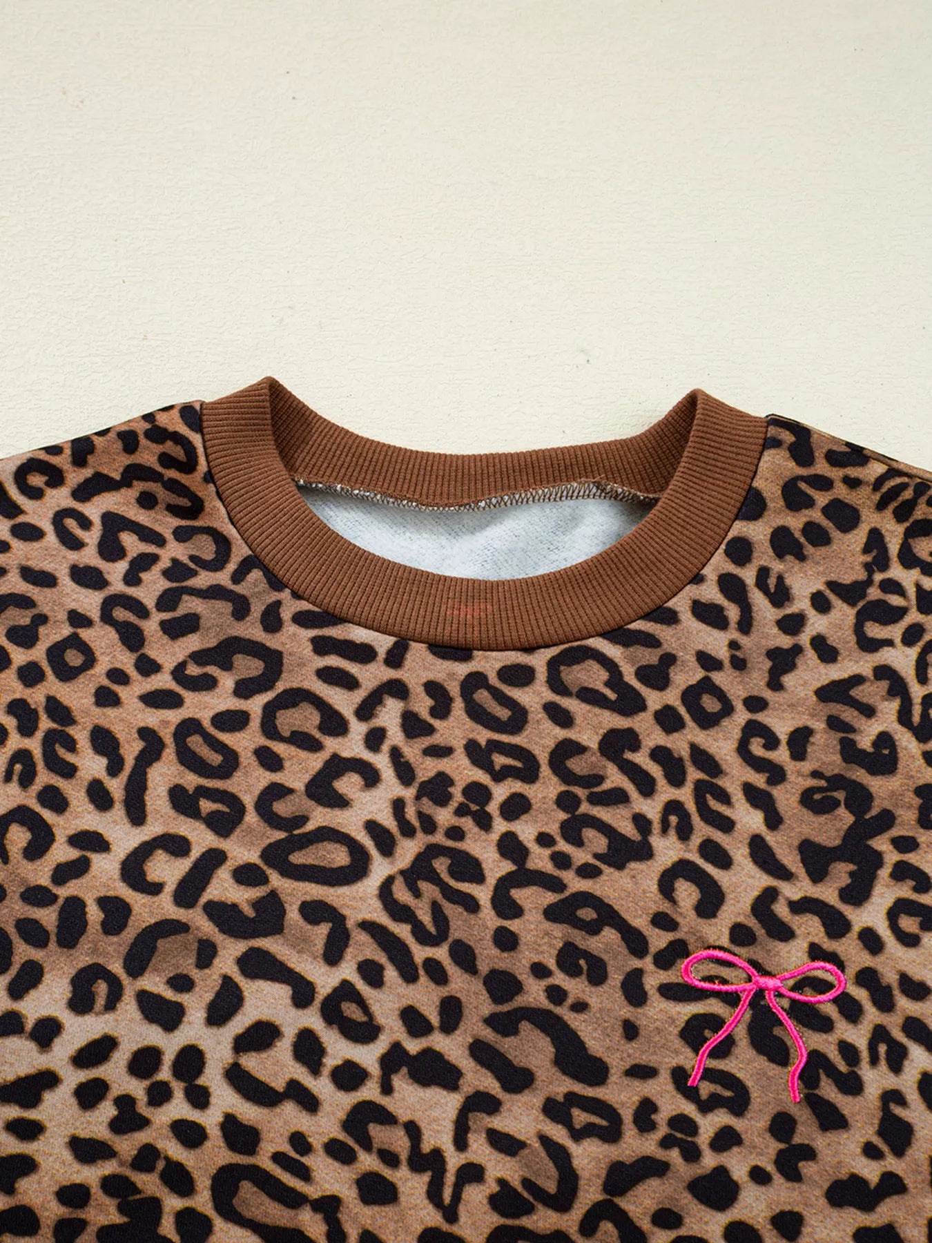 Leopard Print Contrast Trim Long Sleeve Top and Pants Set OutfitFlow