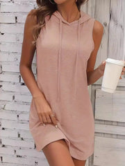 Full Size Drawstring Casual Sleeveless Hooded Mini Dress Plus Size Pink OutfitFlow